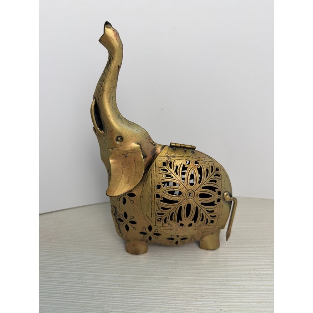 Metal Elephant Tealight Candle Holder Brass Gold Color 'Trunk Up For Good Luck'